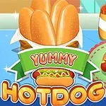 Piirroskuva hotdogista, jossa on teksti Yummy Hotdog, sekä sinappia ja ketsuppia taustalla