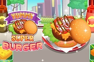 Hampurilainen täytteineen lautasella kirjainten Yummy Super Burger vieressä, taustalla kaupungin siluetti