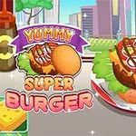 Hampurilainen täytteineen lautasella kirjainten Yummy Super Burger vieressä, taustalla kaupungin siluetti