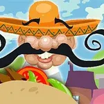 Mies isolla viiksillä ja sombrerolla seisoo taustalla, etualalla tacoja