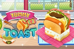 Värikäs kuvake, jossa on voileipä, lehti salaattia ja kastiketta sekä tekstit Yummy Toast