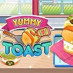 Värikäs kuvake, jossa on voileipä, lehti salaattia ja kastiketta sekä tekstit Yummy Toast