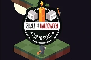 Kuvassa on vihreästä ruudukkopinnasta koostuva alusta, jonka päällä on hahmo, kynttilä ja kaksi pääkalloa, ja keskellä ympyränmuotoinen merkki jossa on teksti ZBall 4 Halloween