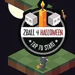Kuvassa on vihreästä ruudukkopinnasta koostuva alusta, jonka päällä on hahmo, kynttilä ja kaksi pääkalloa, ja keskellä ympyränmuotoinen merkki jossa on teksti ZBall 4 Halloween