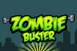 Vihreällä hohtavilla kirjaimilla kirjoitettu Zombie Buster -teksti tummalla taustalla kaupunkisilhuetin yläpuolella