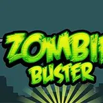Vihreällä hohtavilla kirjaimilla kirjoitettu Zombie Buster -teksti tummalla taustalla kaupunkisilhuetin yläpuolella