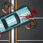 Sininen auto törmää ihmisiin tiellä, ja verta roiskuu ympärille