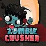 Sarjakuvatyylinen zombihahmo puristettuna suuren jalan alle veren roiskuessa, ja alla lukee Zombie Crusher