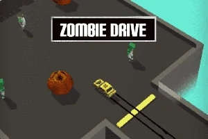 Keltainen auto liikkuu harmaalla pinnalla, jossa on vihreitä hahmoja ja oransseja esteitä, ja sen yläpuolella on teksti Zombie Drive