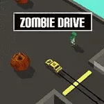 Keltainen auto liikkuu harmaalla pinnalla, jossa on vihreitä hahmoja ja oransseja esteitä, ja sen yläpuolella on teksti Zombie Drive