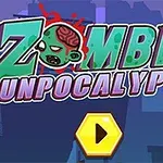 Graafinen kuva, jossa on teksti Zombie Gunpocalypse, zombin pää ja keltainen play-näppäin kaupunkimaisemassa