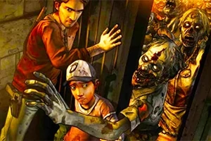 Zombie Hunter Mies ja nuori poika yrittävät sulkea oven zombien lähestyessä uhkaavasti