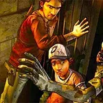 Zombie Hunter Mies ja nuori poika yrittävät sulkea oven zombien lähestyessä uhkaavasti