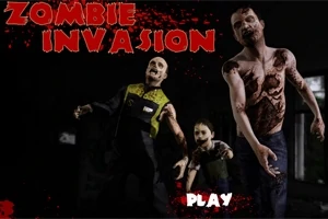 Kolme pelottavaa zombia kävelee pimeässä, teksti Zombie Invasion ylhäällä punaisella