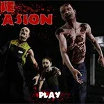 Kolme pelottavaa zombia kävelee pimeässä, teksti Zombie Invasion ylhäällä punaisella