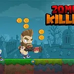 Mies hahmo kävelee eläimen kanssa aseen kanssa keräten kolikoita hautausmaalla, jota zombie jahtaa, ja kuvassa lukee Zombie Killers