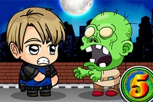 Piirretty hahmo ja vihreä zombie kohtaavat kadulla yöllä kaupungin siluetin edessä, taustalla näkyy täysikuu