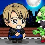 Piirretty hahmo ja vihreä zombie kohtaavat kadulla yöllä kaupungin siluetin edessä, taustalla näkyy täysikuu