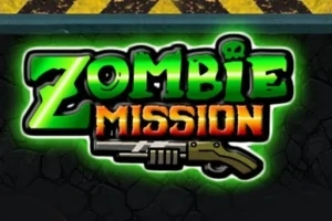 Vihreän ja oranssin sävyissä hehkuva teksti Zombie Mission sekä haulikon kuva