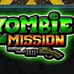 Vihreän ja oranssin sävyissä hehkuva teksti Zombie Mission sekä haulikon kuva