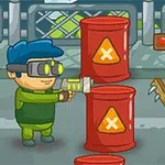 Sarjakuvamainen kuva, jossa on sinitukkainen, laseilla varustettu hahmo vihreän zombin kanssa, metallitynnyrit välissään