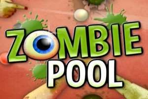 Vihreällä ja mustalla tekstillä kirjoitettu sana Zombie Pool punertavalla taustalla, jossa on roiskeita ja biljardipalloja