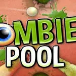 Vihreällä ja mustalla tekstillä kirjoitettu sana Zombie Pool punertavalla taustalla, jossa on roiskeita ja biljardipalloja