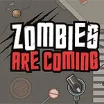 Tekstissä lukee ZOMBIES ARE COMING pimeällä kadulla, jossa on suojatie, liikennemerkkejä ja zombeja