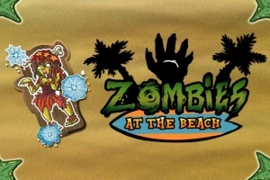 Zombihahmo rannalla palmun edessä; taustalla teksti Zombies at the Beach ja palmuja