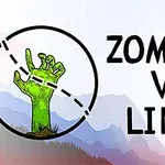 Vihreä zombie-käsi nousee maasta pyöreän viivan sisällä, taustalla vuoristo ja teksti