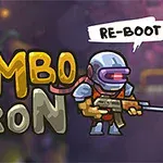 Panssaroitu hahmo pitelee asetta värikkäällä taustalla, tekstit Zombotron ja Re-Boot ovat esillä