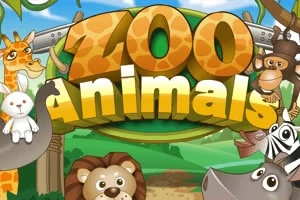 Sarjakuvamaisia eläimiä, kuten leijona, seepra ja kirahvi, ympäröimässä suurta tekstiä Zoo Animals taustalla vihreä maisema