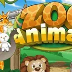 Sarjakuvamaisia eläimiä, kuten leijona, seepra ja kirahvi, ympäröimässä suurta tekstiä Zoo Animals taustalla vihreä maisema
