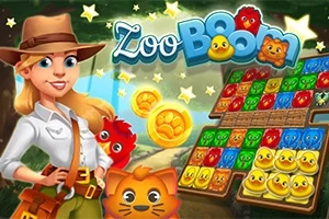 Nainen seikkailijan asussa seisoo pelilaudan vieressä, jolla on värikkäitä eläinhahmoja, ja yläkulmassa on teksti Zoo Boom