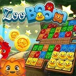 Nainen seikkailijan asussa seisoo pelilaudan vieressä, jolla on värikkäitä eläinhahmoja, ja yläkulmassa on teksti Zoo Boom