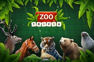 Viidakkoteemainen kuva, jossa on hirvi, hevonen, tiikeri, karhu ja hylje sekä Zoo Trivia -teksti