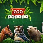 Viidakkoteemainen kuva, jossa on hirvi, hevonen, tiikeri, karhu ja hylje sekä Zoo Trivia -teksti