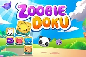 Värikäs maisema, jossa on piirroshahmoja ja värikkäitä eläinlaattoja sekä teksti Zoobie Doku