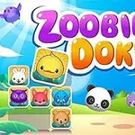 Värikäs maisema, jossa on piirroshahmoja ja värikkäitä eläinlaattoja sekä teksti Zoobie Doku
