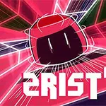 Punainen värikäs hahmo liikkuu vauhdikkaasti viivakuvioisessa ja futuristisessa ympäristössä, jossa on kirkkaat neonvärit ja teksti 2RIST DX