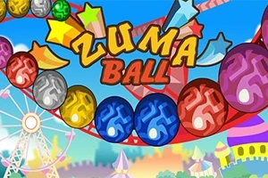 Kirkkaita värikkäitä palloja kulkee radalla värikkään taustan edessä, keskellä teksti Zuma Ball
