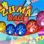 Kirkkaita värikkäitä palloja kulkee radalla värikkään taustan edessä, keskellä teksti Zuma Ball