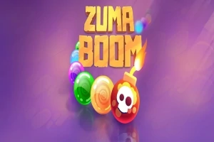 Violetilla taustalla olevat kirjavat kuulat ja kuula, jossa on pääkallo, sekä teksti Zuma Boom