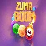 Violetilla taustalla olevat kirjavat kuulat ja kuula, jossa on pääkallo, sekä teksti Zuma Boom